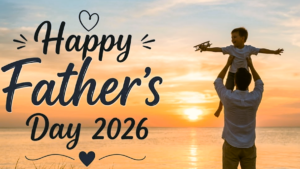 A heartwarming photograph of a father lifting his young son in the air, with the boy's arms spread like an airplane, set against a bright golden sunset over a serene beach. The image features prominent, stylish dark blue typography on the left side that reads "Happy Father's Day 2026" accompanied by small decorative hearts. Soft coastal grass is visible in the foreground, beautifully capturing a joyful and authentic family moment.