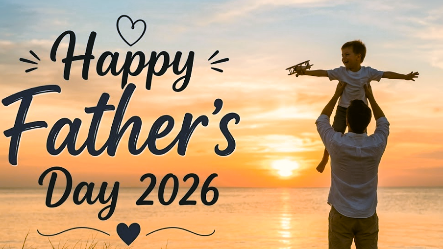 A heartwarming photograph of a father lifting his young son in the air, with the boy's arms spread like an airplane, set against a bright golden sunset over a serene beach. The image features prominent, stylish dark blue typography on the left side that reads "Happy Father's Day 2026" accompanied by small decorative hearts. Soft coastal grass is visible in the foreground, beautifully capturing a joyful and authentic family moment.