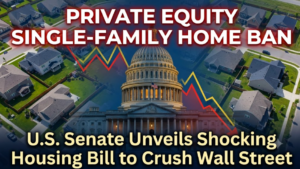The text reads 'PRIVATE EQUITY SINGLE-FAMILY HOME BAN' and 'U.S. Senate Unveils Shocking Housing Bill to Crush Wall Street'.