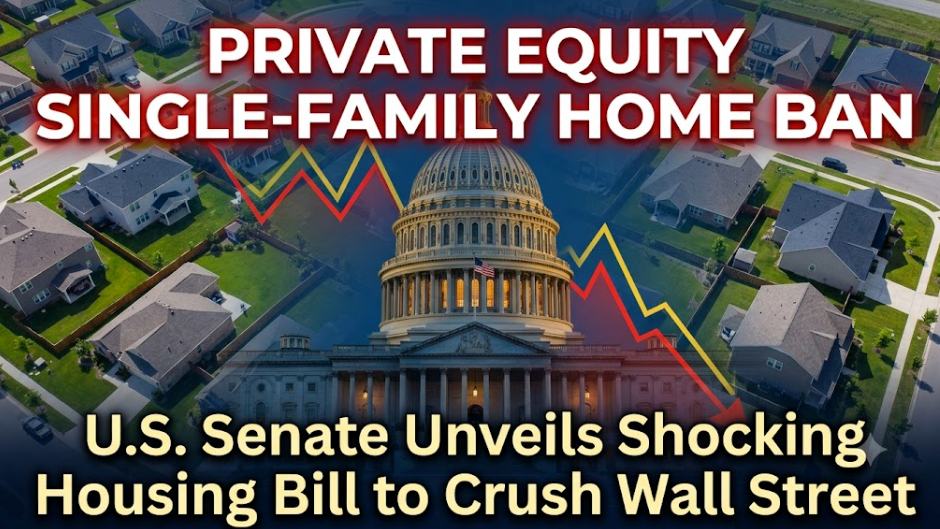 The text reads 'PRIVATE EQUITY SINGLE-FAMILY HOME BAN' and 'U.S. Senate Unveils Shocking Housing Bill to Crush Wall Street'.