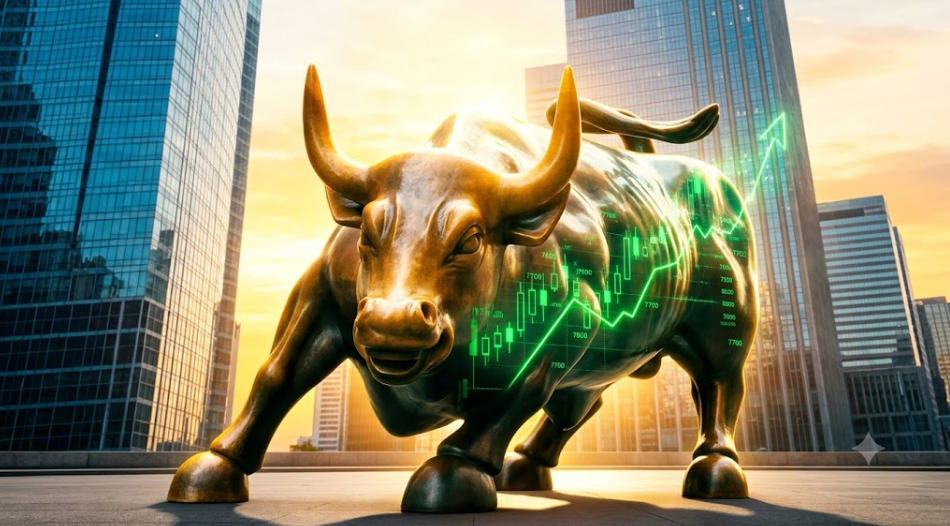 A photorealistic Wall Street charging bull statue glowing with upward-trending green holographic stock market charts against a sunrise backdrop of modern skyscrapers, representing JPMorgan's bullish 7,800 S&P 500 forecast.